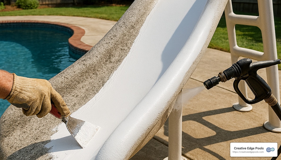 Smooth Sailing: The Ultimate Guide to Concrete Pool Slide Resurfacing Hand applying resurfacing material to a concrete pool slide, showcasing maintenance for safety and enjoyment, with a pool in the background.